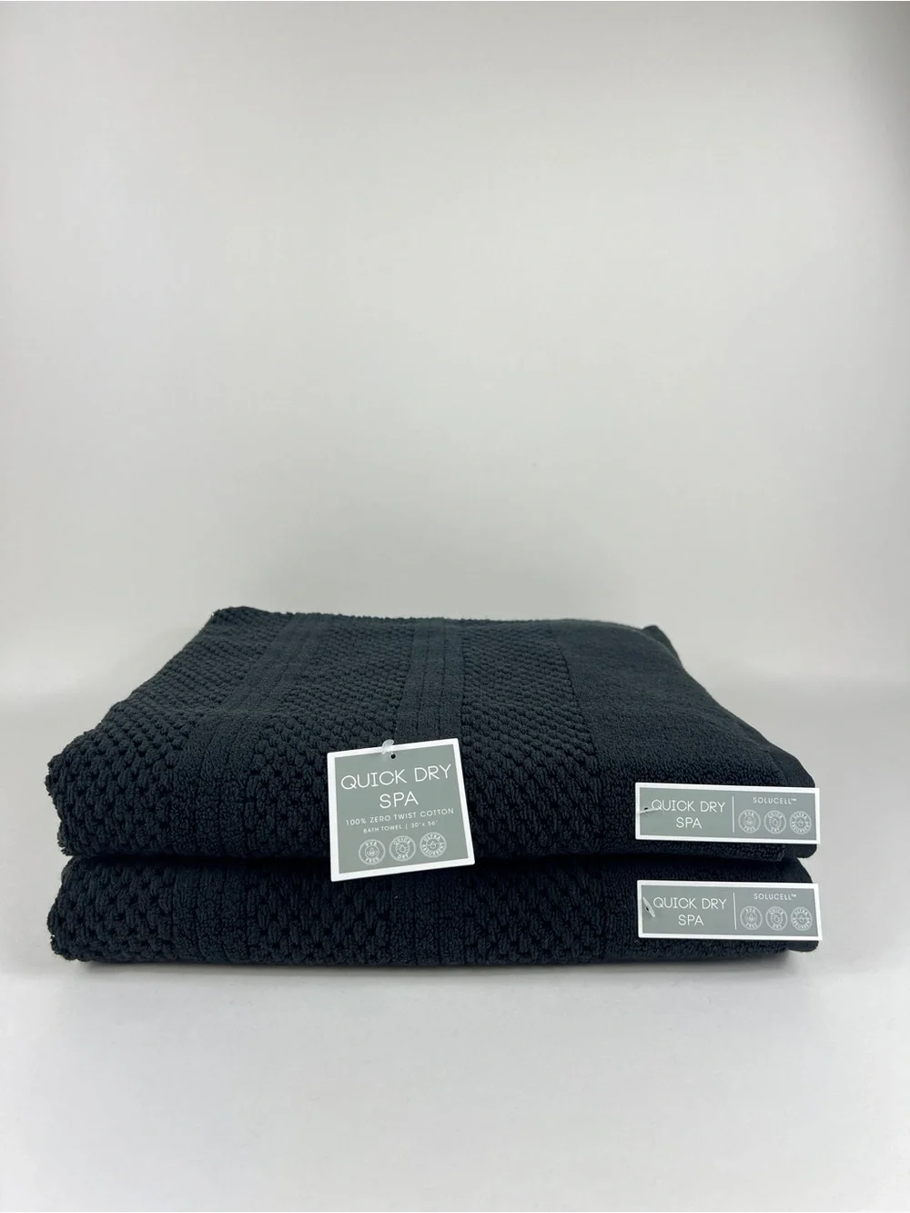 Quick Dry Spa Bath Towels Black Waffle Textured Soft Plush Cotton 2 Pc Set NEW